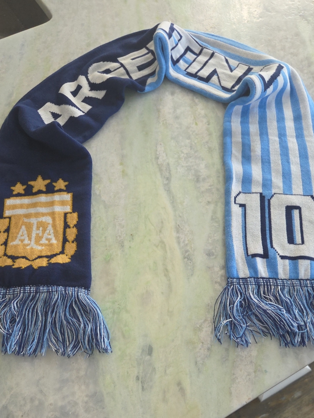 Argentina / Messi Svarh Navy and Gold Crest Knit Scarf with Fringe Accent